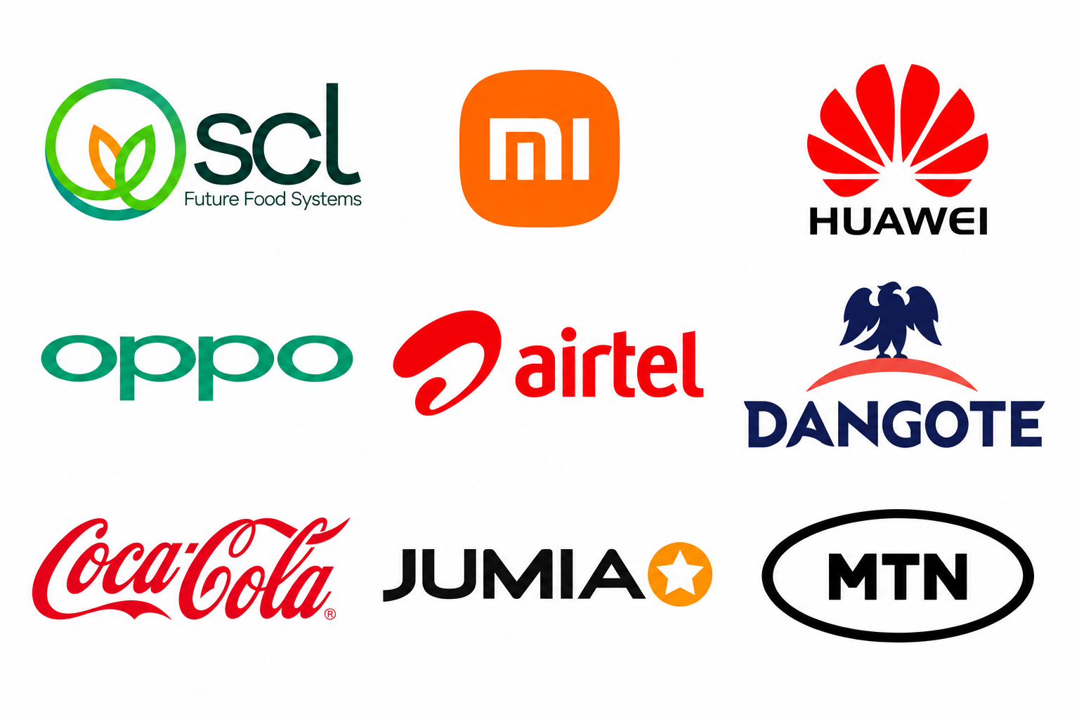 SCL, Xiaomi, Huawei, OPPO, Airtel, Dangote, Coca-Cola, Jumia and MTN brand logos